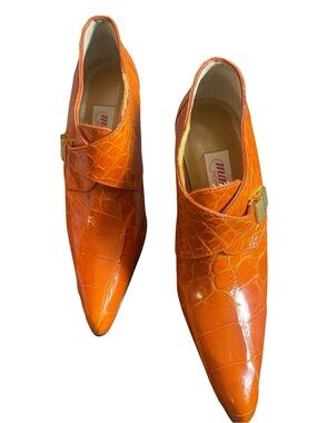 Mauri Orange Croc-Embossed Pointed Toe Heels with Gold Buckle